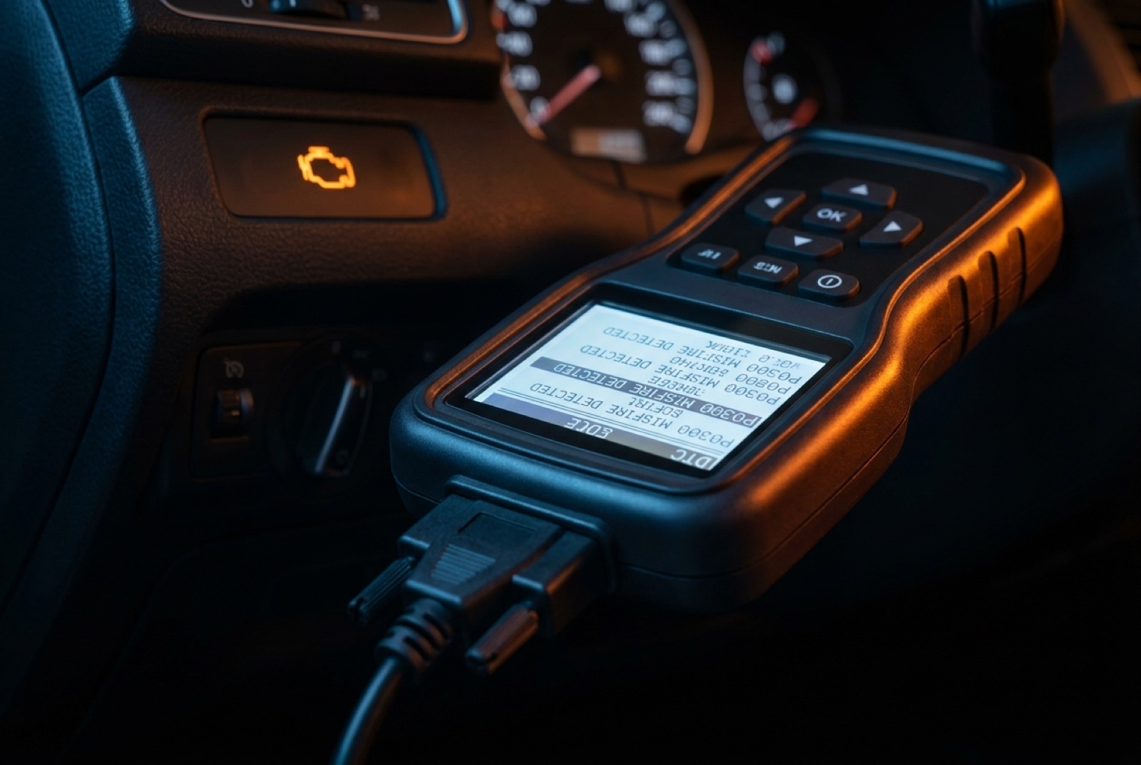 OBD-II diagnostic scan tool plugged in with a check-engine light — diagnostics